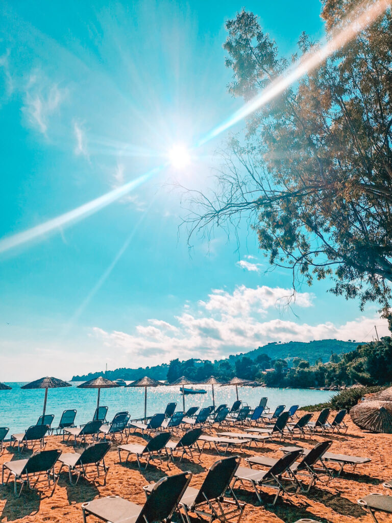 Beach on Skiathos with sunoungers