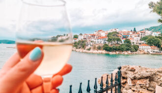 View from restaurant in Skiathos Town with wineglass