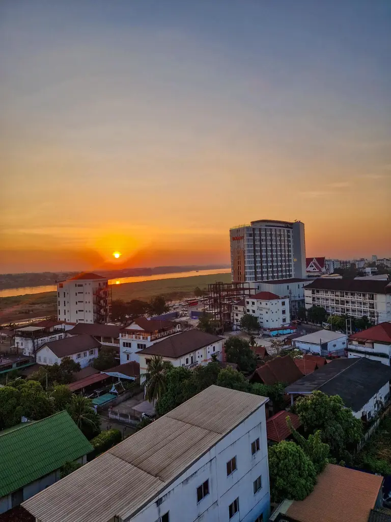 Sunset over Vientiane from the Tipsy Elephant bar, one of the most relaxing things to do in Vientiane