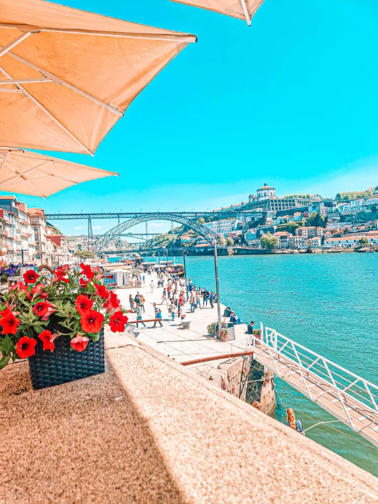  A riverside scene in Porto, Portugal, with a basket of red flowers in the foreground, large sun umbrellas, and people walking along the waterfront with the Dom Luís I Bridge in the background