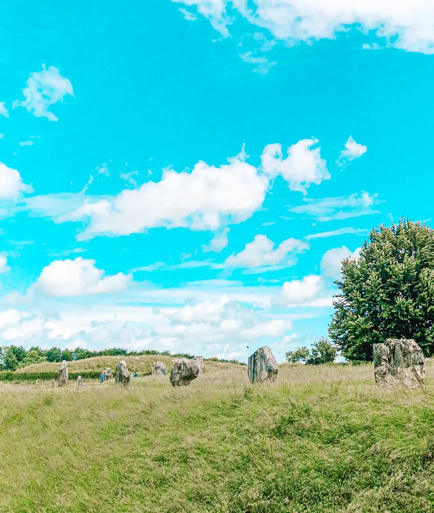 a row of large stones spaced out in a field with blue sky