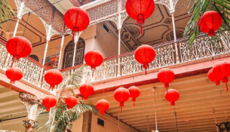 Red laterns in the courtyard of a beautiful building