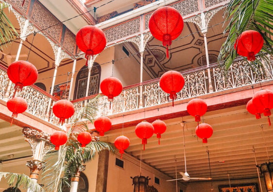 Red laterns in the courtyard of a beautiful building