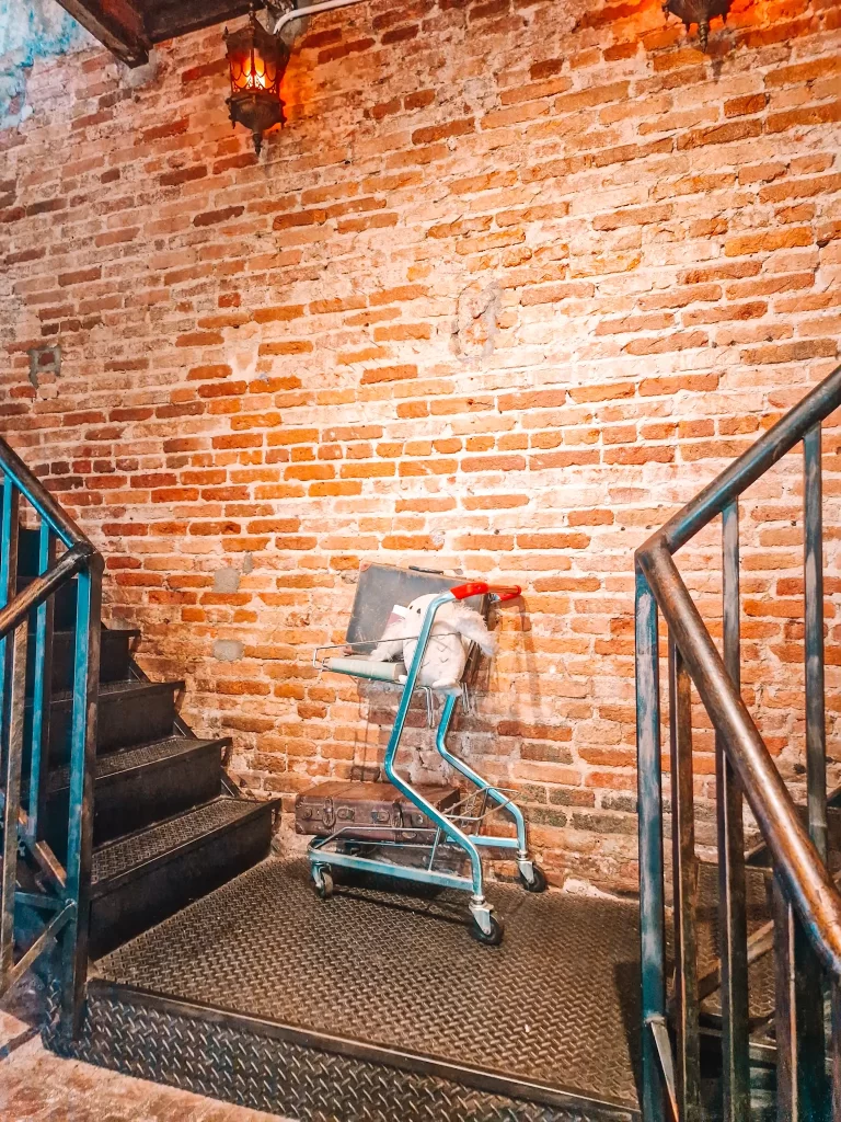 Trolley with owl and suitcase in front of brick wall, mimicking entry to platform 9 3/4