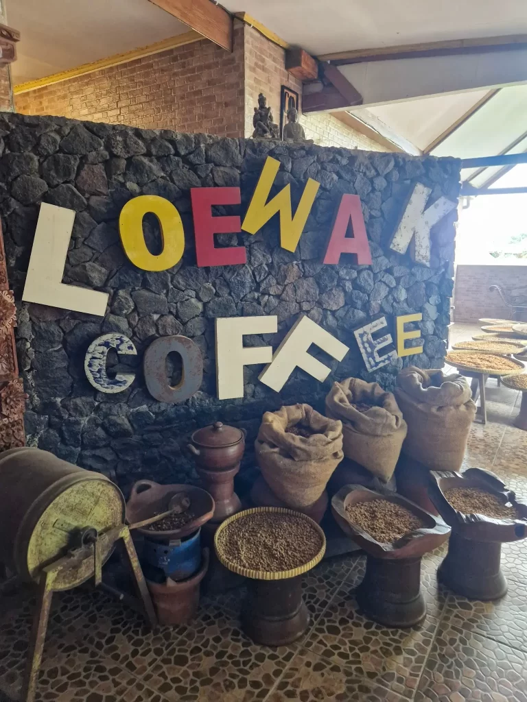 Loewak Coffee written in letters of different sizes and colours with bags of coffee beans in front