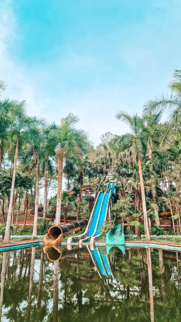Overgrown water slides and tubes surrounded by palm trees at the abandoned water park in Hue, a hidden gem for those seeking unique experiences during 2 days in Hue.
