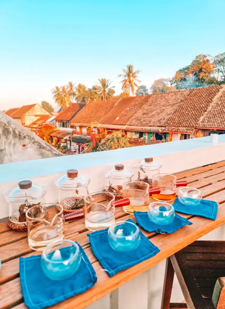 A curated tea tasting setup on a rooftop overlooking traditional tiled rooftops and palm trees, offering a peaceful and flavorful moment among the best things to do in Luang Prabang.