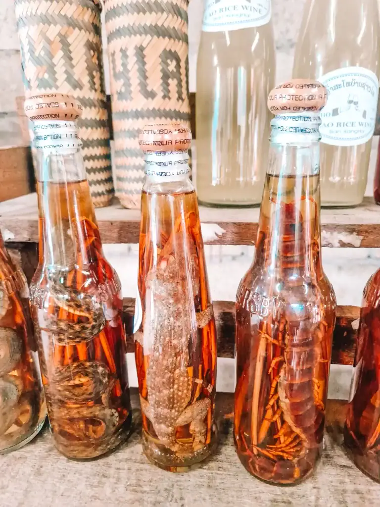 Bottles of traditional Lao whiskey infused with preserved snake, lizard, and scorpion on display—sampling or spotting these rare finds is among the best things to do in Luang Prabang for the curious traveler.