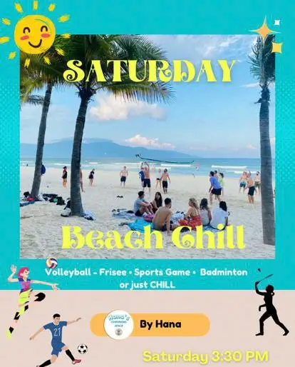 A poster for a Saturday beach trip, featuring a group of people relaxing on a beach with palm trees. 