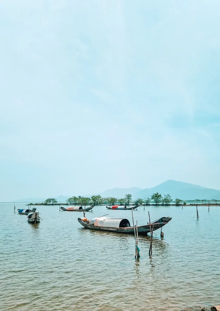 Traditional Vietnamese fishing boats with arched covers float on calm water, with lush greenery and distant mountains in the background under a pale blue sky.