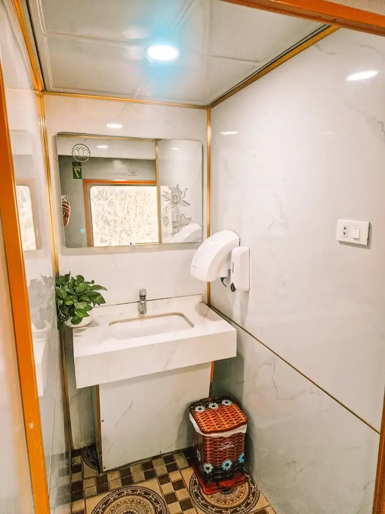 A well-lit and clean train restroom with a white marble sink, a large mirror with lotus engravings, and a hand dryer mounted on the wall. A small potted plant sits on the counter, and a woven basket-style trash bin is placed on the patterned tile floor.