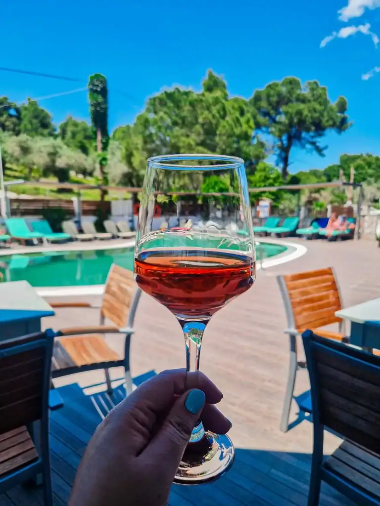 A hand holding a glass of rosé is framed against a sunlit poolside scene with wooden chairs, green loungers, and tall trees, ideal for unwinding on a warm day in Skiathos.
