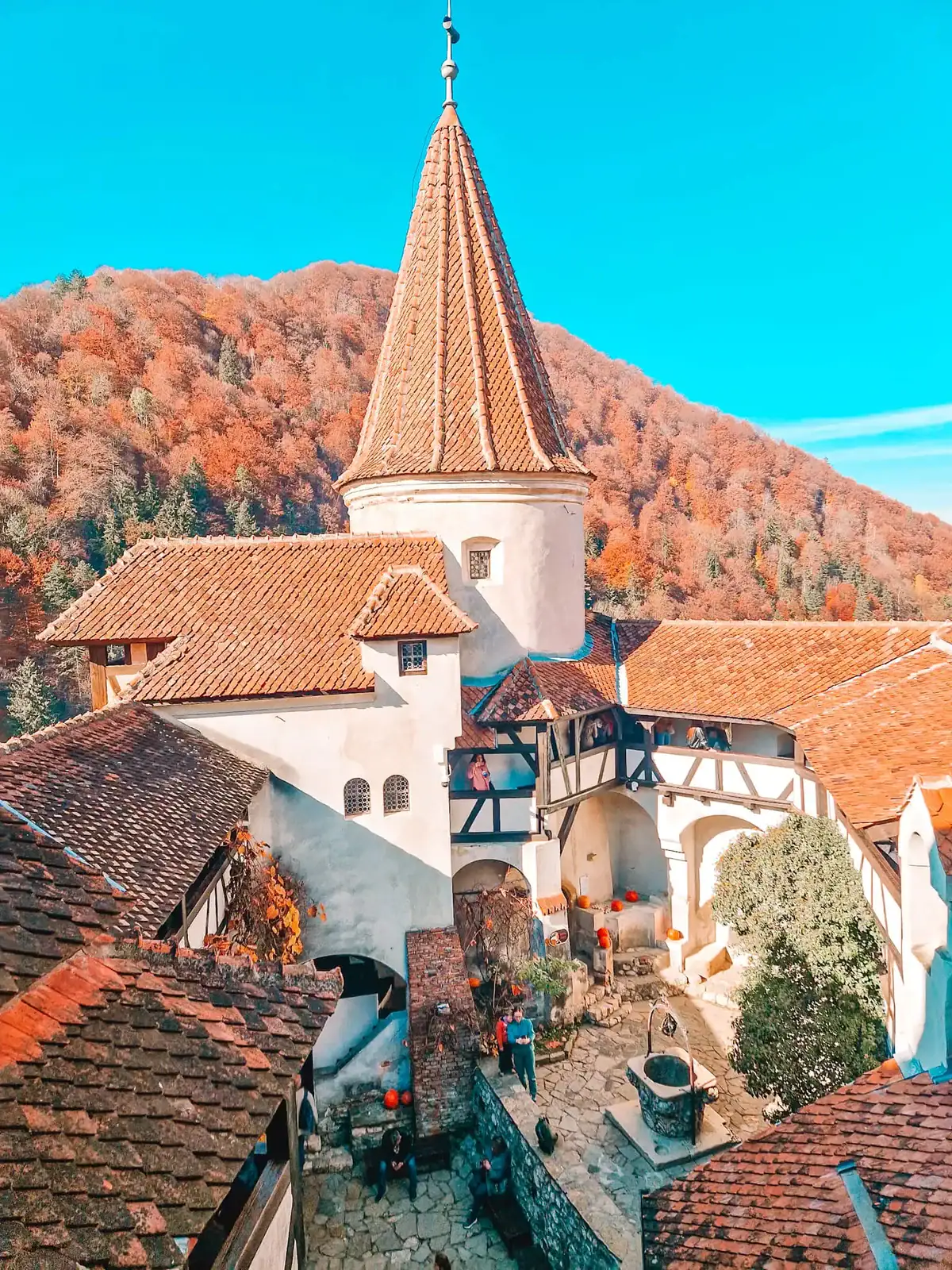 The cozy courtyard of Bran Castle, surrounded by medieval white walls and terracotta rooftops, with visitors strolling and pumpkins adding a seasonal touch—perfect for those curious about Dracula lore and historic things to do near Brasov.
