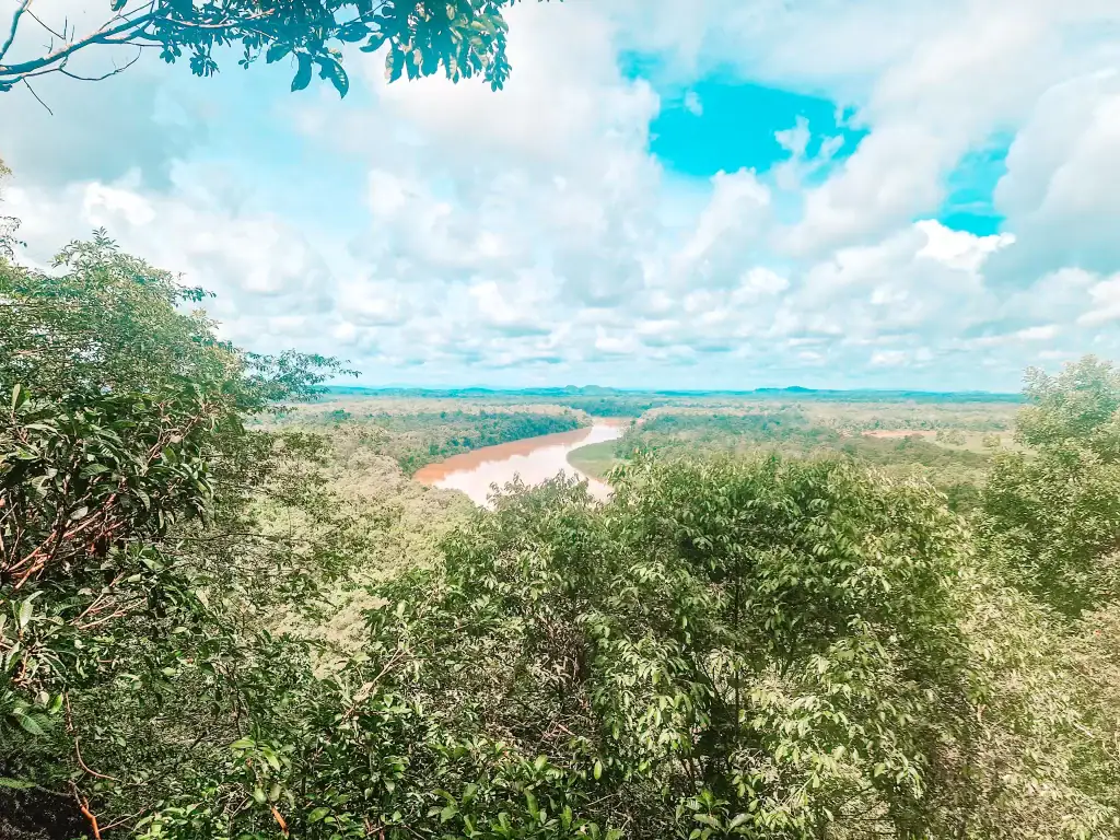 A lush panoramic view over the winding Kinabatangan River, framed by dense rainforest under a dramatic blue sky filled with puffy clouds.