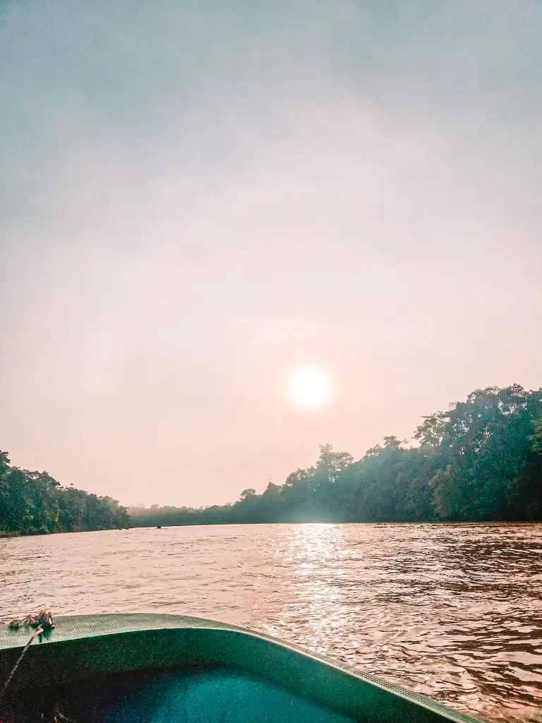Early morning sunlight glows over the calm Kinabatangan River, viewed from a boat as it cruises past lush jungle silhouettes—a peaceful moment during a 3 week Malaysia itinerary.
