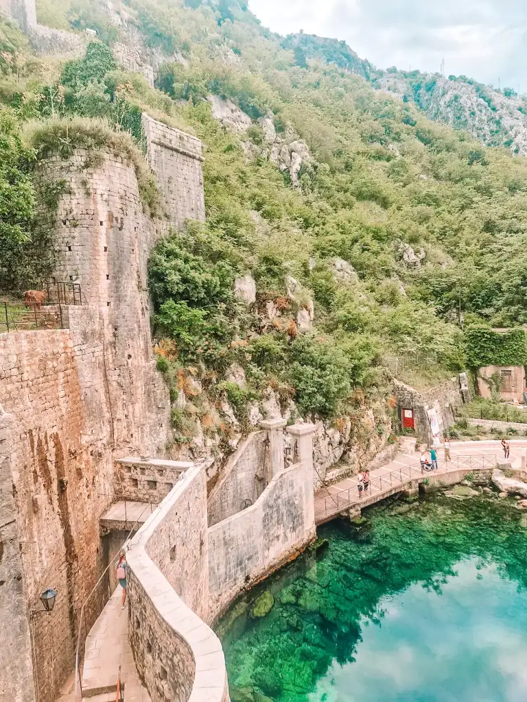 The stone ramparts above Kotor’s bay in Montenegro, with lush cliffs and crystal-clear water below, ideal for exploring fortresses and panoramic landscapes.