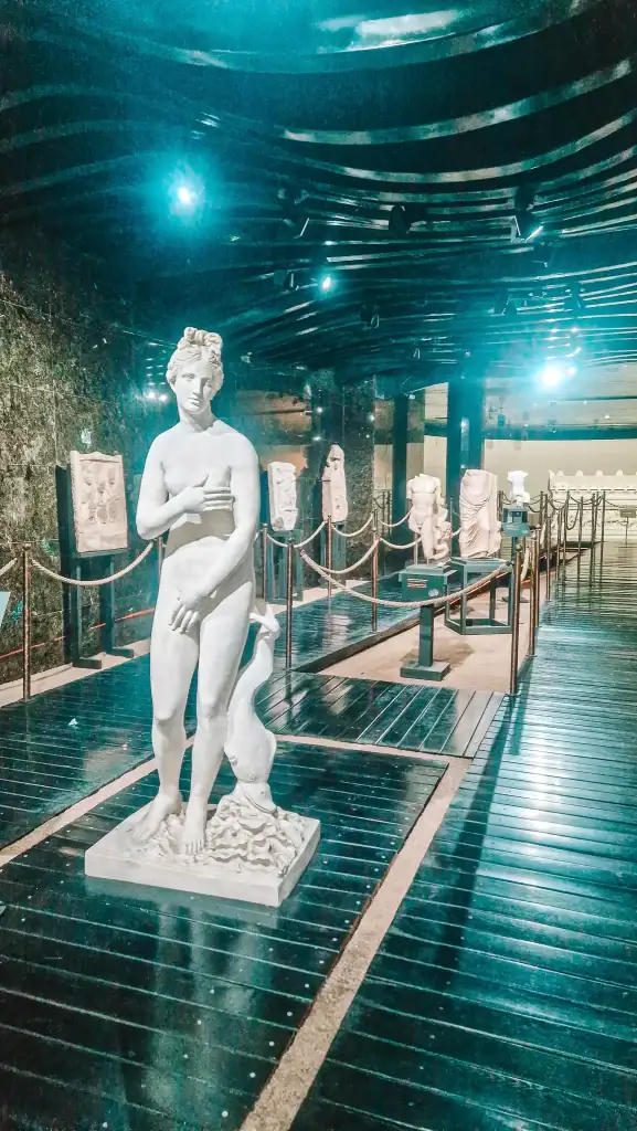 Marble statue of a classical female figure partially covering herself, surrounded by ancient artifacts and busts inside an archaeological museum.