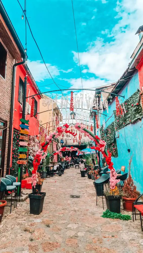 Colorful alley in Skopje decorated with hanging flowers and red arches, lined with cozy cafés and chairs along vibrant walls.