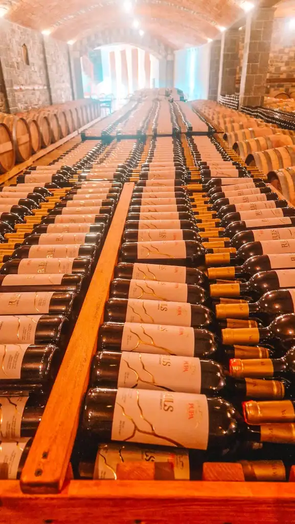 Rows of wine bottles stored horizontally in a dimly lit stone wine cellar, surrounded by wooden barrels.