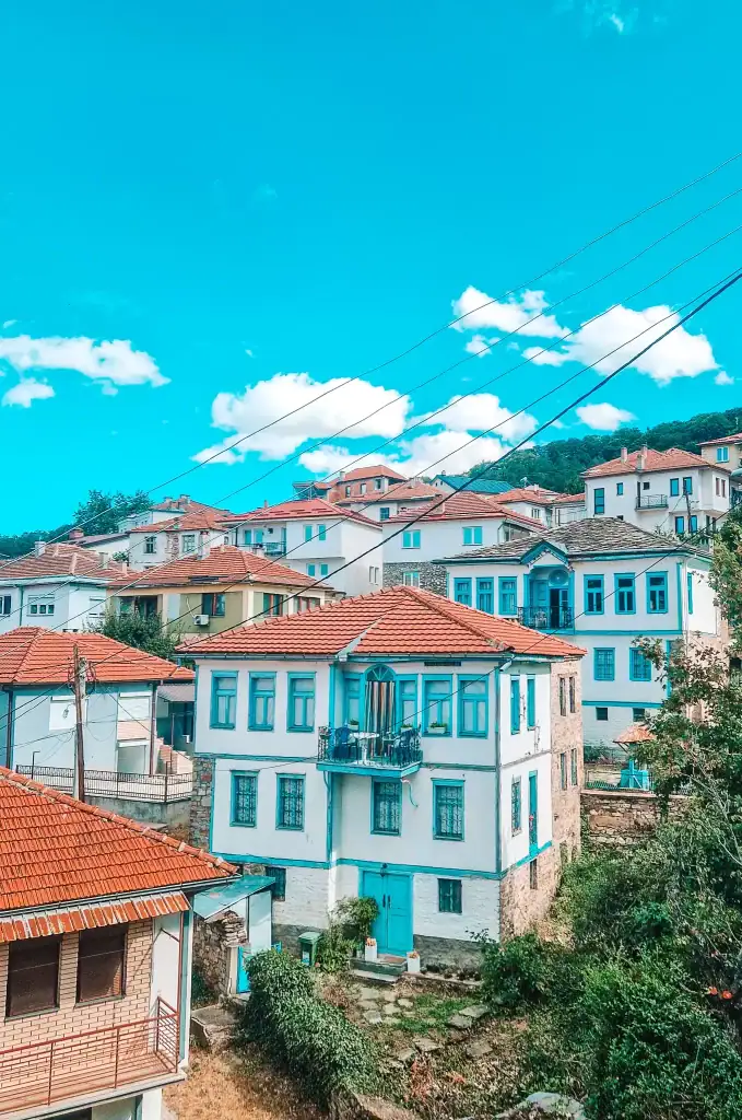 View of traditional Krusevo homes with red tiled roofs and blue window frames, stacked along a hillside beneath a bright sky, highlighting the town’s picturesque and historic charm.