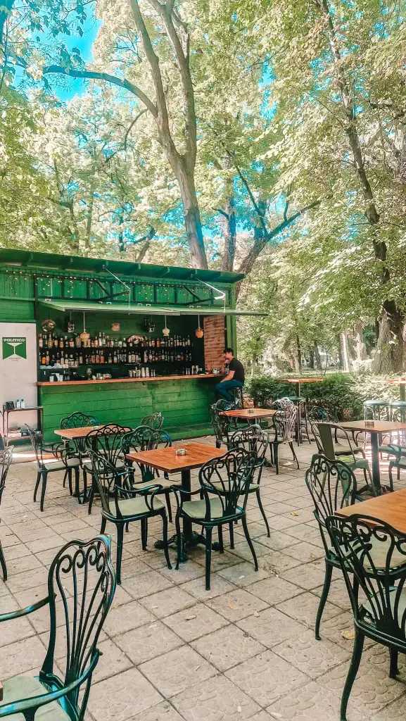 A leafy outdoor café with iron furniture facing a green wooden bar stocked with liquor bottles. A man sits at the bar under dappled sunlight, giving the café a laid-back, park-side charm.