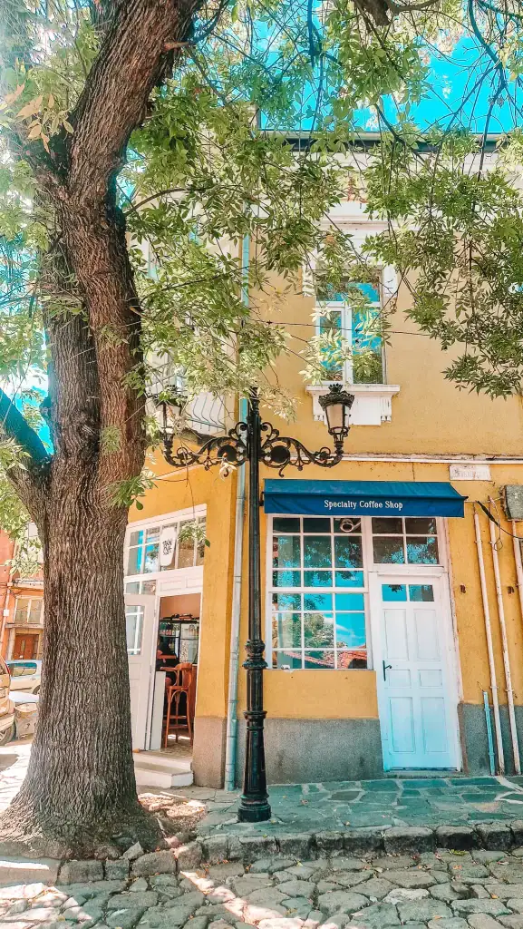 The exterior of a charming yellow building housing a specialty coffee shop, partially hidden by a large leafy tree and vintage street lamp. The cobbled street adds to the old-town charm of this local favourite.
