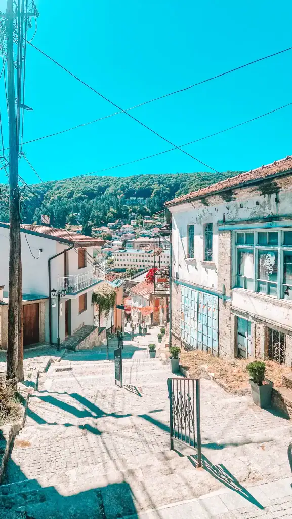 Steep stone stairway lined with a mix of old and new buildings leading down to the centre of Krusevo, offering charming views and a great photo opportunity among things to do in Krusevo.