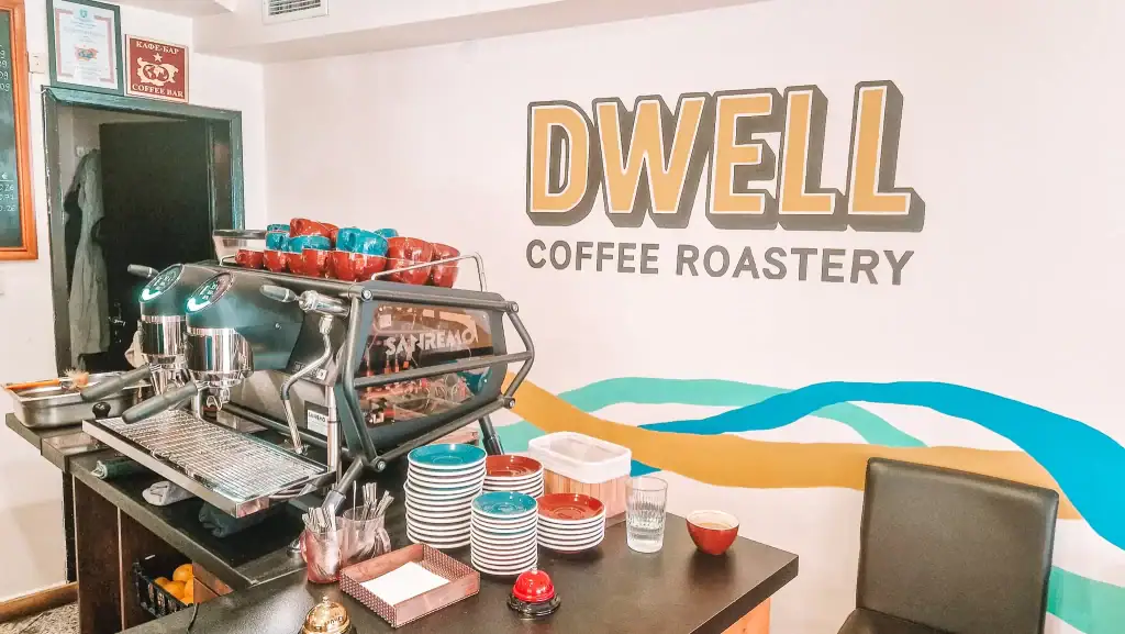 A sleek Sanremo espresso machine at DWELL Coffee Roastery, one of Plovdiv’s top spots for quality coffee and comfortable remote work setups.