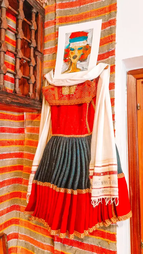 A vibrant traditional Albanian women's dress hangs on display, combining red velvet, gold embroidery, and a navy pleated skirt, with a stylised portrait above as part of a cultural exhibit.