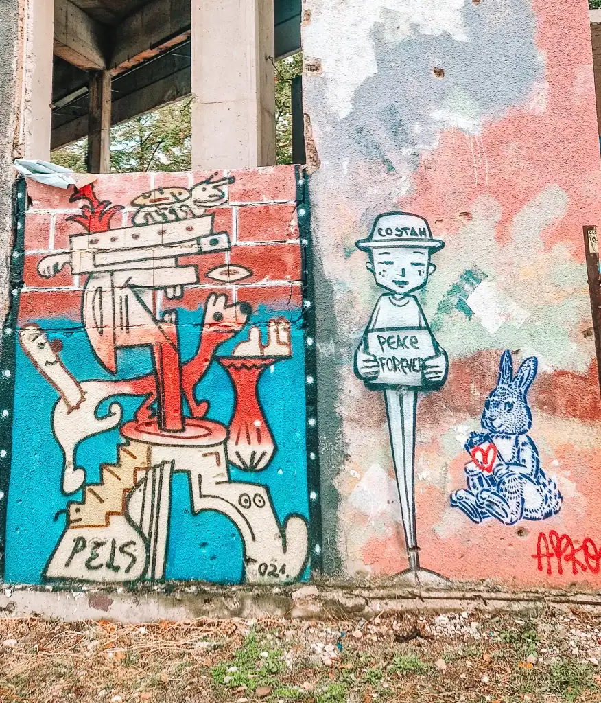 Vibrant graffiti mural on a damaged wall features abstract figures, a cartoon character holding a “PEACE FOREVER” sign, and a blue bunny with a red heart. Found in the ruins of the sniper tower, it’s part of Mostar’s edgy street art culture.