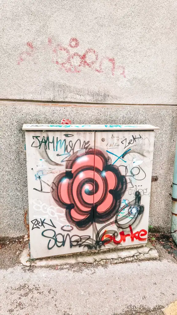 Electrical box in Sarajevo covered in graffiti, featuring a large red rose spray-painted on the front. A symbolic nod to the Sarajevo Rose seen throughout the city as a war memorial.