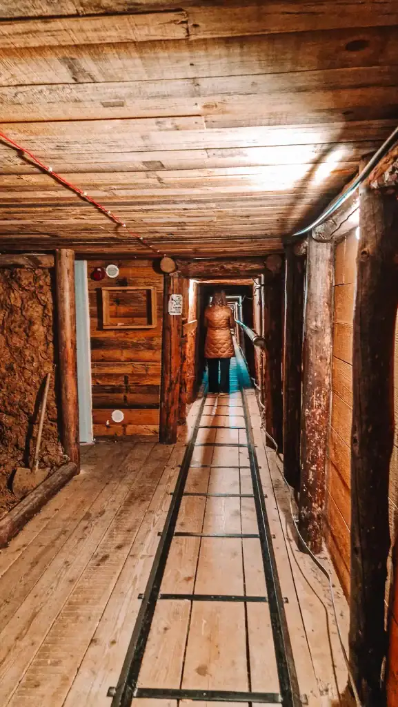 Interior of the Tunnel of Hope with wooden walls and floors, a metal track running down the centre, and a visitor walking into the dim passage. This wartime lifeline is now a preserved site and one of the most moving things to do in Sarajevo.