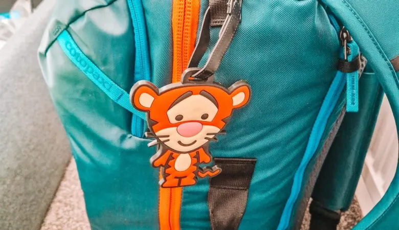 Cotopaxi backpack with a Tigger luggage label on a grey sofa