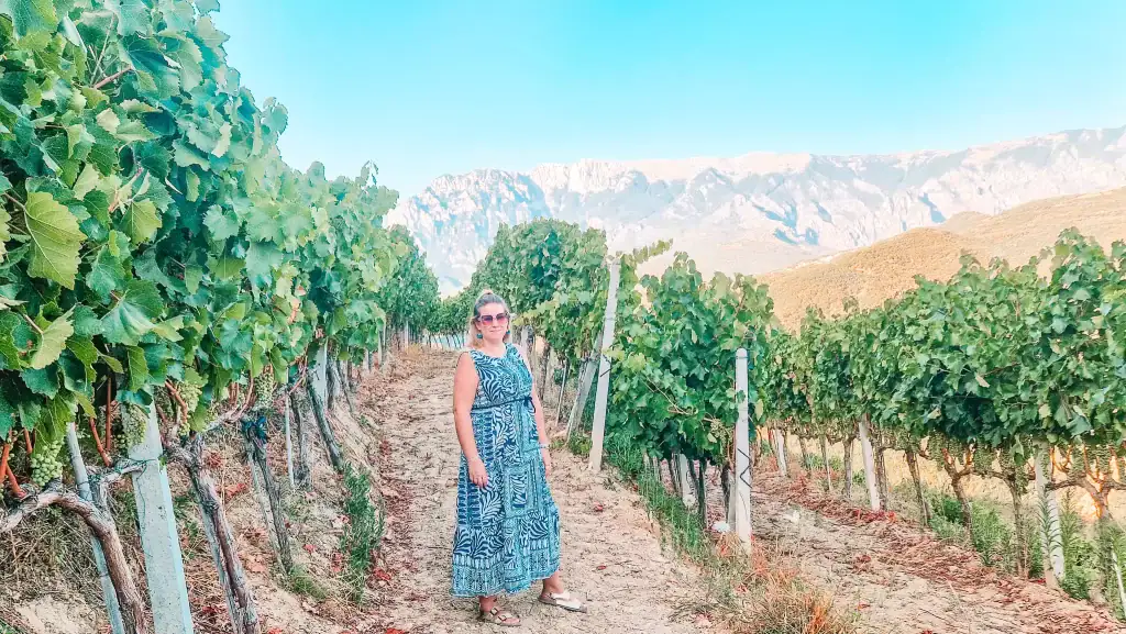Em walks through rows of lush green grapevines in a vineyard near Berat, Albania, with rugged mountains and blue skies stretching out in the background on a bright spring day.