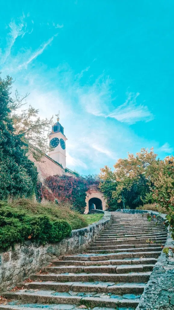Stone steps lead up to the Petrovaradin Fortress clock tower in Novi Sad, Serbia, framed by autumn trees and climbing ivy. A historic brick archway marks the entrance to the fortress at the top of the steps.