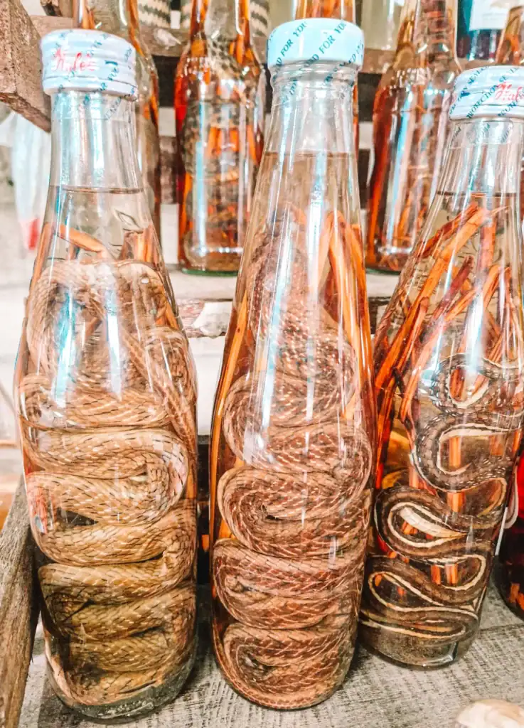 Clear glass bottles filled with golden liquid display whole coiled snakes inside, a traditional and unusual Lao rice whisky often sold as a souvenir.